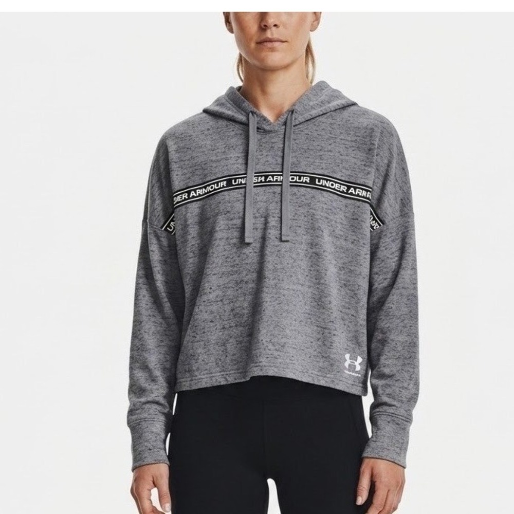 Under Armour Womens Grey Heathered Cropped Hoodie Logo Tape Pullover LG